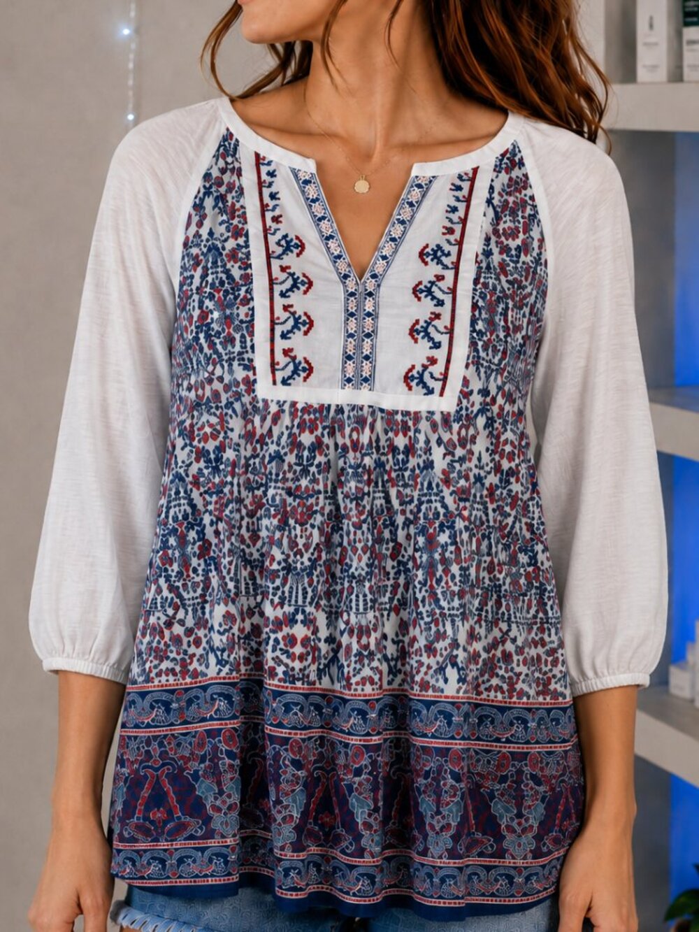 Vintage America XS Boho Floral Print 3/4 Sleeve Tunic Top